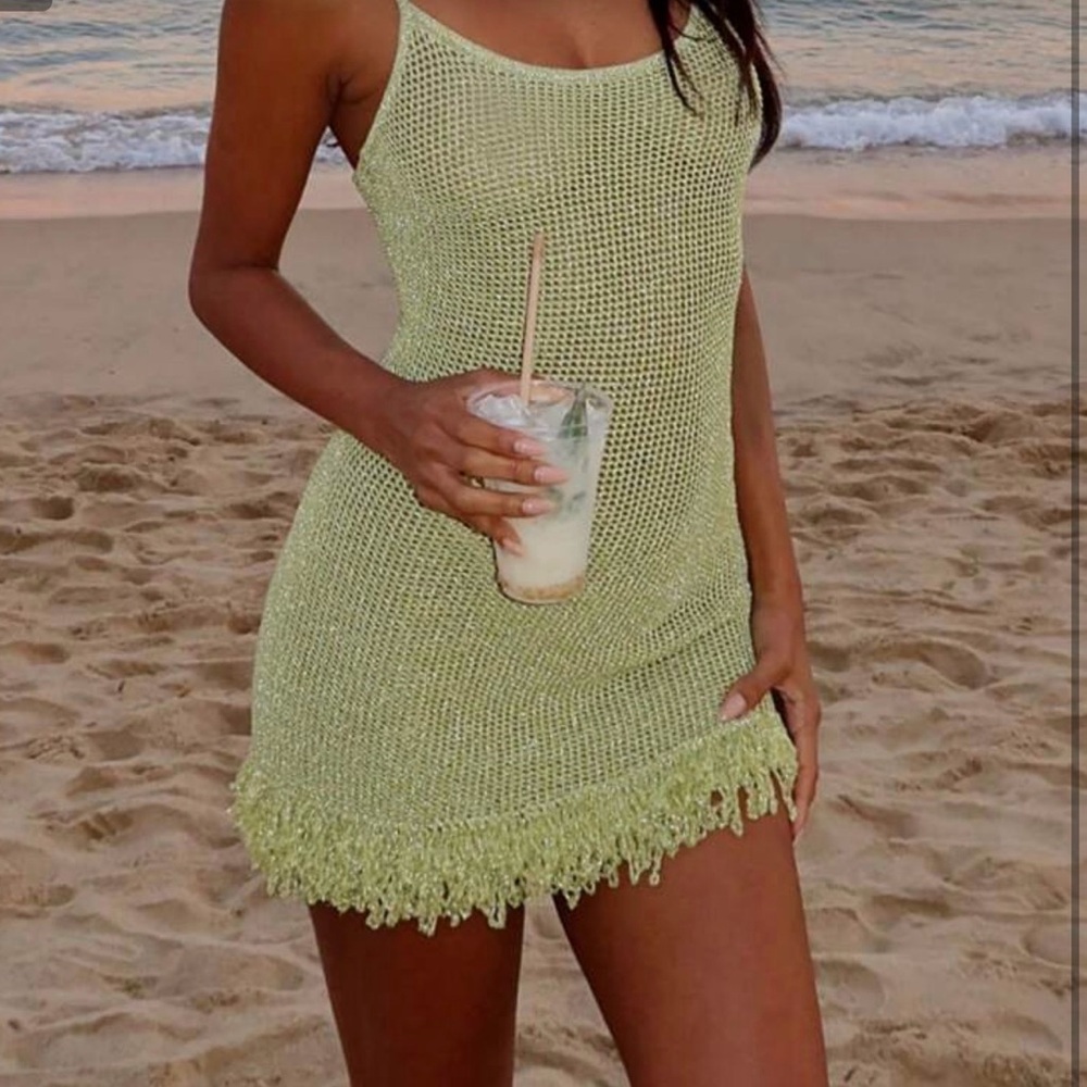 Green Knit Fringe Mini Dress